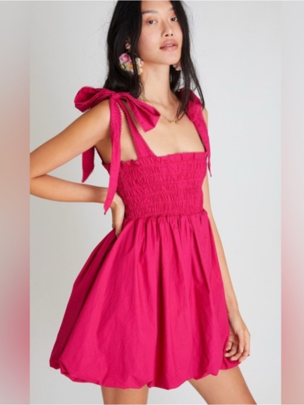 LoveShackFancy Hot Pink Tie-Shoulder Smocked Mini Dress